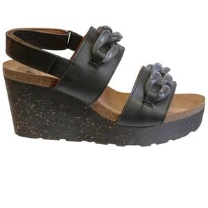 OTBT Womens Fair Isle Leather Wedge Open Toe Sandal -- Black, 9.5M NEW